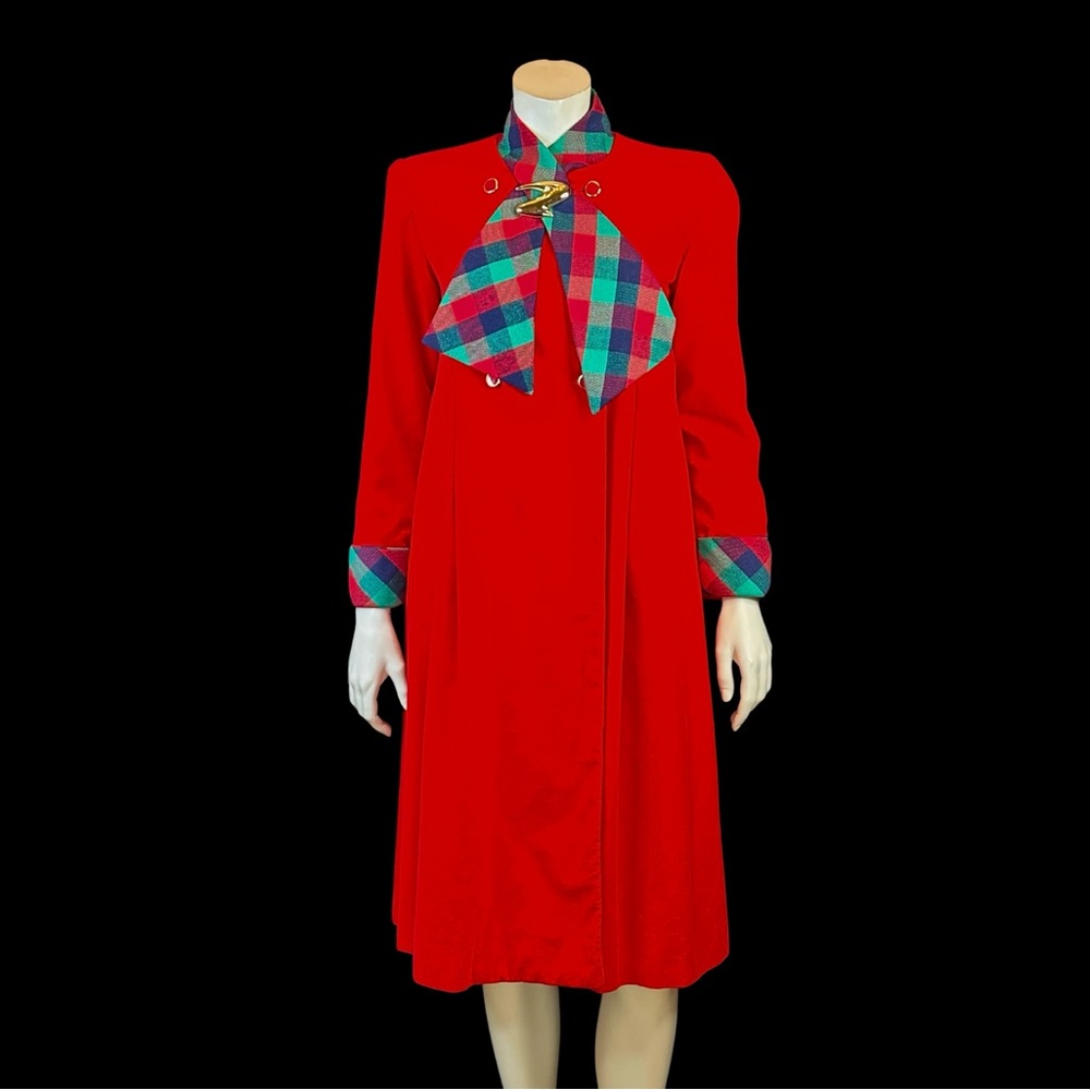Vintage RED VELVET Rockabilly Swing Coat with attached Tartan Scarf / S M